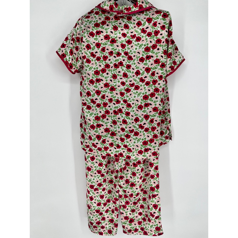 CABERNET Pajama Set Womens M Pink Floral Satin Short Sleeve Button Up Pants - Picture 2 of 16